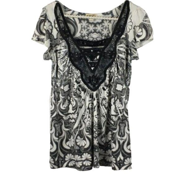 One World Black & White Paisley Lace V-Neck Top S - Picture 2 of 7